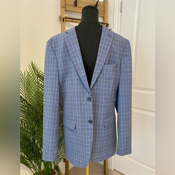 Selected Blue Plaid Blazer For Men/Women, Size 40R Slim Fit - Picture 4 of 16